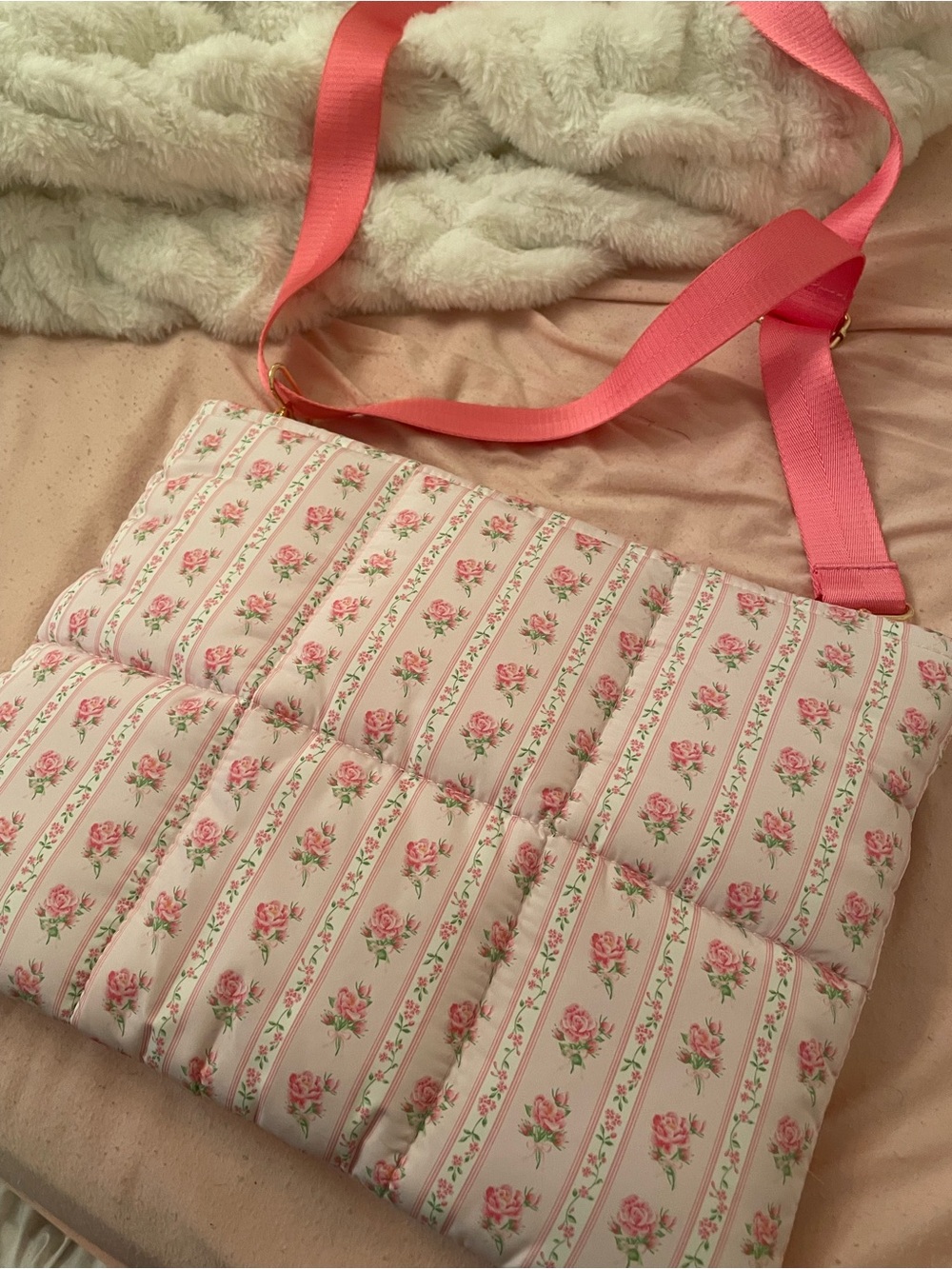 Pink Quilted Floral Laptop Bag with Rose Print